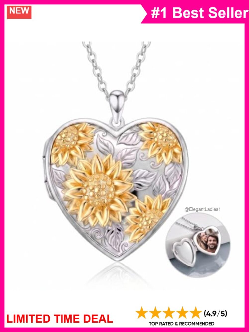 Heart Sunflower Photo Locket Necklace Metal Pendant Memorial Gift Women